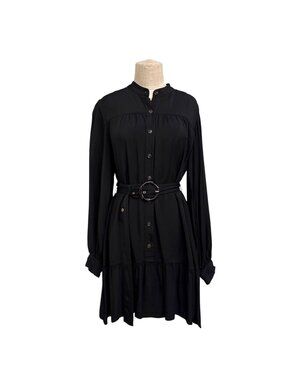 Banana Republic Black Viscose Utility Shirt Dress Belt Mandarin Collar Button Fr